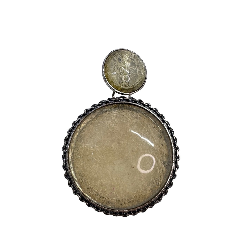 Unique Rutilated Quartz Large Pendant Antique Silver Tone Gemstone Vintage Y2K